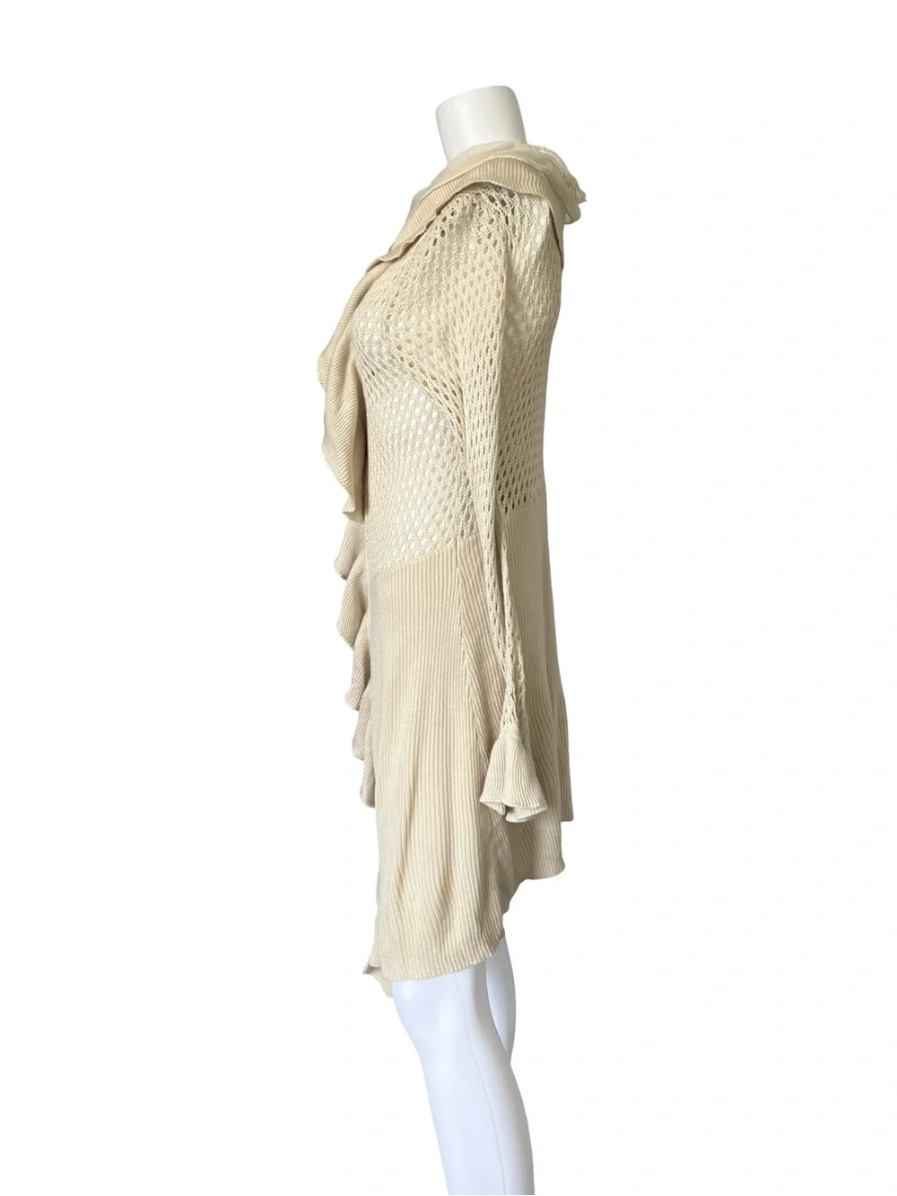 Ruffled Open Knit Cardigan Sweater Duster Neutral Size Medium Hippie Boho Womens